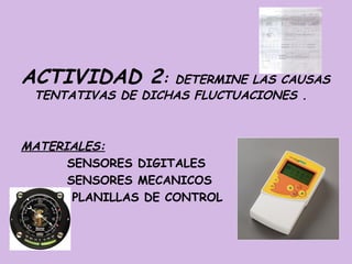 ACTIVIDAD 2:       DETERMINE LAS CAUSAS
 TENTATIVAS DE DICHAS FLUCTUACIONES .



MATERIALES:
      SENSORES DIGITALES
      SENSORES MECANICOS
       PLANILLAS DE CONTROL
 