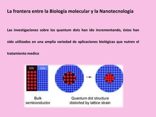 La frontera entre la Biología molecular y la Nanotecnología
Las investigaciones sobre los quantum dots han ido incrementando, éstos han
sido utilizados en una amplia variedad de aplicaciones biológicas que nutren el
tratamiento medico
 
