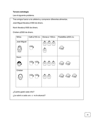 Tercera estrategia
Lee el siguiente problema.

Tres amigos fueron a la cafetería y compraron diferentes alimentos.
José Miguel llevaba ¢1060 de dinero.

Kevin llevaba ¢1600 de dinero.

Cristian ¢2500 de dinero.

    Niños            Café ¢150 c/u   Donas ¢ 100c/u    Pastelillos ¢505 c/u

    José Miguel




    Kevin




    Cristian




¿Cuánto gastó cada niño?
¿Le sobró a cada uno o no le alcanzó?




                                                                              25
 