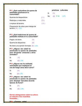 P11 ¿Qué costumbres de quema de
pastizales prácticas en tu
comunidad?
Quemas de desperdicios ( 1 )
Rastrojos o matorrales ( 2 )
Limpieza de terreno ( 3 )
Preparación de sitios para trabajo de
terreno ( 4 ) (22)
P12 ¿Qué tradiciones de quema de
pastizales realizas en tu comunidad?
Pagos a la tierra (1)
Quema de despachos (2)
No tiene una opinión formada (3) ( 23)
P13 ¿Alguna vez usted ha
practicado la quema de pastizales
para ahuyentar ainsectos u otros
animales?
Si (1)
No (2) ( 24)
P14 ¿Alguna vez ha realizado
actividades que impliquen el
uso de fuego cerca deun cerro?
Si (1)
No (2) ( 25)
P15 ¿Alguna vez usted ha
practicado la quema de pastizales
para despejar lasnubes durante
épocas de lluvia?
Si (1)
No (2) ( 26)
Genial, dialoguemos sobre tu cultura
en relación a los incendios
forestales…
P16 ¿Conoce usted
prácticas culturales
Si (1)
No (2) P 30 ( 27)
 