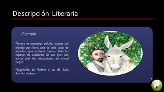 Descripción Literaria
Platero es pequeño, peludo, suave; tan
blando por fuera, que se diría todo de
algodón, que no lleva huesos. Sólo los
espejos de azabache de sus ojos son
duros cual dos escarabajos de cristal
negro.
Fragmento de Platero y yo, de Juan
Ramón Jiménez
Ejemplo
 