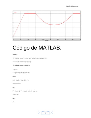 Teoría del control.




Código de MATLAB.
>> sysm s


??? Undefined function or method 'sysm' for input arguments of type 'char'.


>> num=[(s^2+14)*(s^2+1)*(s+2)*(s+3)]


??? Undefined function or variable 's'.


>> syms s


num=[(s^2+14)*(s^2+1)*(s+2)*(s+3)]


num =


(s^2 + 1)*(s^2 + 14)*(s + 2)*(s + 3)


>> expand (num)


ans =


s^6 + 5*s^5 + 21*s^4 + 75*s^3 + 104*s^2 + 70*s + 84


>> den= s^7


den =


s^7




                                                                      5
 