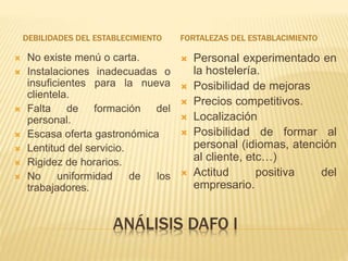 ANÁLISIS DAFO I
DEBILIDADES DEL ESTABLECIMIENTO FORTALEZAS DEL ESTABLACIMIENTO
 No existe menú o carta.
 Instalaciones inadecuadas o
insuficientes para la nueva
clientela.
 Falta de formación del
personal.
 Escasa oferta gastronómica
 Lentitud del servicio.
 Rigidez de horarios.
 No uniformidad de los
trabajadores.
 Personal experimentado en
la hostelería.
 Posibilidad de mejoras
 Precios competitivos.
 Localización
 Posibilidad de formar al
personal (idiomas, atención
al cliente, etc…)
 Actitud positiva del
empresario.
 