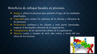 Beneficios de enfoque basados en procesos.
 Integra y alinea los procesos para permitir el logro de los resultados
planificados.
 Capacidad para centrar los esfuerzos de la eficacia y eficiencia de
los procesos.
 Proporciona confianza a los clientes y otras partes interesadas,
respecto al desempeño coherente de la organización.
 Transparencias de las operaciones dentro de la organización.
 Menores costos y tiempos de ciclo más cortos, a través del uso
eficaz de los recursos.
 