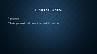 LIMITACIONES.
‣Inversión
‣Participación de todo los miembros de la empresa
 