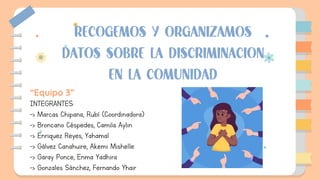 recogemos y organizamos
datos sobre la discriminacion
en la comunidad
“Equipo 3”
INTEGRANTES:
-> Marcas Chipana, Rubí (Coordinadora)
-> Broncano Céspedes, Camila Aylin
-> Enriquez Reyes, Yahamal
-> Gálvez Canahuire, Akemi Mishelle
-> Garay Ponce, Enma Yadhira
-> Gonzales Sánchez, Fernando Yhair
 