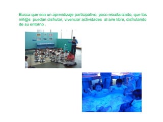 Busca que sea un aprendizaje participativo, poco escolarizado, que los
niñ@s puedan disfrutar, vivenciar actividades al aire libre, disfrutando
de su entorno .

 