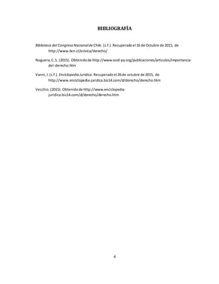 4
BIBLIOGRAFÍA
Biblioteca del Congreso NacionaldeChile. (s.f.).Recuperadoel 16 de Octubre de 2015, de
http://www.bcn.cl/ecivica/derecho/
Noguera,C.S. (2015). Obtenidode http://www.osid-py.org/publicaciones/articulos/importancia-
del-derecho.htm
Vanni,I.(s.f.). Enciclopedia Jurídica.Recuperadoel 26de octubre de 2015, de
http://www.enciclopedia-juridica.biz14.com/d/derecho/derecho.htm
Vecchio.(2015). Obtenidode http://www.enciclopedia-
juridica.biz14.com/d/derecho/derecho.htm
 