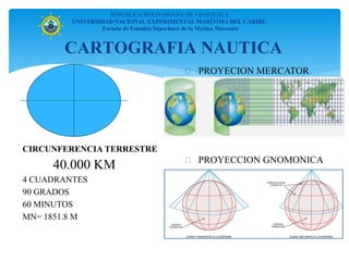 CARTOGRAFIA NAUTICA
REPÚBLICA BOLIVARIANA DE VENEZUELA
UNIVERSIDAD NACIONAL EXPERIMENTAL MARÍTIMA DEL CARIBE.
Escuela de Estudios Superiores de la Marina Mercante
CIRCUNFERENCIA TERRESTRE
40.000 KM
4 CUADRANTES
90 GRADOS
60 MINUTOS
MN= 1851.8 M
 PROYECION MERCATOR
 PROYECCION GNOMONICA
 