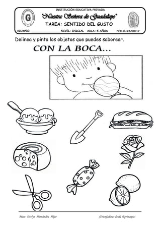 Miss: Evelyn Hernández Hijar ¡Triunfadores desde el principio!
ALUMNO: _________________ NIVEL: INICIAL AULA: 5 AÑOS FECHA:22/08/17
INSTITUCIÓN EDUCATIVA PRIVADA
TAREA: SENTIDO DEL GUSTO
Delinea y pinta los objetos que puedes saborear.