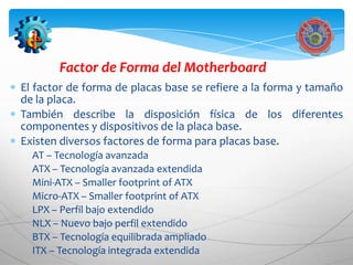 Factor de Forma del Motherboard
El factor de forma de placas base se refiere a la forma y tamaño
de la placa.
También describe la disposición física de los diferentes
componentes y dispositivos de la placa base.
Existen diversos factores de forma para placas base.
  AT – Tecnología avanzada
  ATX – Tecnología avanzada extendida
  Mini-ATX – Smaller footprint of ATX
  Micro-ATX – Smaller footprint of ATX
  LPX – Perfil bajo extendido
  NLX – Nuevo bajo perfil extendido
  BTX – Tecnología equilibrada ampliado
  ITX – Tecnología integrada extendida
 