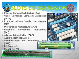 Industry Standard Architecture (ISA)
 Video Electronics Standards Association
  (VESA)
 Extended Industry Standard Architecture
  (EISA)
 Microchannel Architecture (MCA)
 Peripheral     Component      Interconnect
  (PCI)
 Advanced Graphics Port (AGP)
 Audio/módem rise (AMR)
 Communication and Networking Riser
  (CNR)
 PCI-Express X1
 PCI-Express X16
 