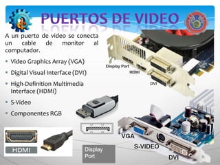 A un puerto de video se conecta
un   cable   de    monitor   al
computador.
 Video Graphics Array (VGA)
 Digital Visual Interface (DVI)
 High-Definition Multimedia
  Interface (HDMi)
 S-Video
 Componentes RGB




                               Display
                               Port
 