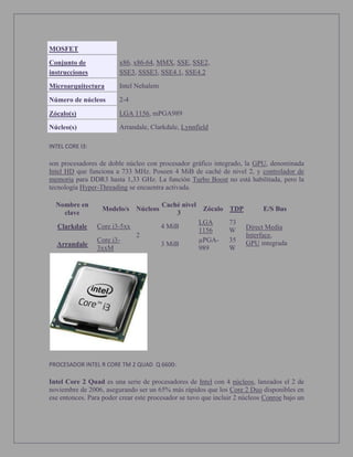 MOSFET
Conjunto de
instrucciones
x86, x86-64, MMX, SSE, SSE2,
SSE3, SSSE3, SSE4.1, SSE4.2
Microarquitectura Intel Nehalem
Número de núcleos 2-4
Zócalo(s) LGA 1156, mPGA989
Núcleo(s) Arrandale, Clarkdale, Lynnfield
INTEL CORE I3:
son procesadores de doble núcleo con procesador gráfico integrado, la GPU, denominada
Intel HD que funciona a 733 MHz. Poseen 4 MiB de caché de nivel 2, y controlador de
memoria para DDR3 hasta 1,33 GHz. La función Turbo Boost no está habilitada, pero la
tecnología Hyper-Threading se encuentra activada.
Nombre en
clave
Modelo/s Núcleos
Caché nivel
3
Zócalo TDP E/S Bus
Clarkdale Core i3-5xx
2
4 MiB
LGA
1156
73
W Direct Media
Interface,
GPU integradaArrandale
Core i3-
3xxM
3 MiB
µPGA-
989
35
W
PROCESADOR INTEL R CORE TM 2 QUAD Q 6600:
Intel Core 2 Quad es una serie de procesadores de Intel con 4 núcleos, lanzados el 2 de
noviembre de 2006, asegurando ser un 65% más rápidos que los Core 2 Duo disponibles en
ese entonces. Para poder crear este procesador se tuvo que incluir 2 núcleos Conroe bajo un
 