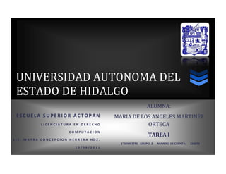 7142587-72044UNIVERSIDAD AUTONOMA DEL ESTADO DE HIDALGOESCUELA SUPERIOR ACTOPANLICENCIATURA EN DERECHOCOMPUTACIONLIC. MAYRA CONCEPCION HERRERA HDZ.10/08/2011ALUMNA:MARIA DE LOS ANGELES MARTINEZ ORTEGATAREA I    1° SEMESTRE   GRUPO: 2      NUMERO DE CUENTA:      256872<br />BARRA DE FÓRMULASBARRA DE TÍTULO DE LA VENTANAFICHASBARRA DE INICIOCINTA DE OPCIONESMINIMIZAR, MAXIMIZAR, CERRAR.BOTÓN OFFICE<br />AYUDACOLUMNASBARRA DE MENÚSCELDA ACTIVAASISTENTE PARA FUNCIONESBARRA DE DESPLAZAMIENTO VERTICALFILASBOTONES DE DESPLAZAMIENTOHOJAS DE TRABAJOBARRA DE DESPLAZAMIENTO HORIZONTAL<br />BARRA DE ESTADOVISTA DE HOJAZOOM<br />BARRA:USO:BOTÓN DE OFFICE:Es una novedad en las versiones 2007 de Office, y además útil, por cuanto nos permitirá acceder de forma rápida a partes tan interesantes como quot;
Nuevoquot;
, quot;
Abrirquot;
, quot;
Guardar y Guardar como...quot;
, además de quot;
Imprimirquot;
, quot;
Cerrarquot;
 y otros...También podremos desde él acceder a las quot;
Opciones de Excelquot;
.BARRA DE TÍTULO:Nos mostrará siempre el título del Libro que tengamos activo; en principio, si no lo hemos guardado con un nombre, Excel le dará el de quot;
Libro1, Libro2...etc.), pero en el momento en que lo hayamos guardado, aparecerá el nombre que le dimos.BARRA DE HERRAMIENTAS DE ACCESO RÁPIDO:También es una novedad en versiones 2007, y nos permitirá colocar ahí varios botones de las tareas que más usemos, de forma que podríamos decir se trata de un atajo para trabajar con partes de Excel. En este lugar podremos colocar botones por ejemplo que nos permitan quot;
Guardarquot;
, o quot;
Imprimirquot;
 y otras muchas acciones, lo que nos ahorrará tiempo al no tener que buscar estas herramientas en las fichas de Excel 2007. Aprenderás a lo largo del curso cómo se pueden agregar botones (y/o eliminarlos) así como hacer que la barra aparezca debajo de la cinta de opciones..., lo veremos.FICHAS:Son unas pestañas que contienen todas las herramientas de Excel agrupadas por categorías, así por ejemplo la ficha quot;
Inicioquot;
 contiene unas herramientas agrupadas en las categorías de quot;
Portapapelesquot;
, quot;
Fuentequot;
, quot;
Alineaciónquot;
, etc...Cada una de esas categorías a su vez, contienen una serie de botones que nos permitirán realizar tareas concretas.CINTA DE OPCIONES:Es el grupo de botones que aparece siempre siempre debajo de las Fichas. Cada ficha contiene una serie de categorías que a su vez engloban un conjunto de útiles representados por botones. A este grupo de categorías y botones es a lo que llamamos quot;
cinta de opcionesquot;
 que es de suma importancia conocer, así como la tarea que lleva a cabo cada una.BOTÓN DE AYUDA:Nos permitirá en cualquier momento tener acceso a la quot;
Ayuda de Microsoft Excel 2007quot;
. Con un clic sobre este botón, nos aparece la excelente ayuda de la aplicación, la cual nos podrá sacar de más de un apuro. Aquí podremos realizar consulta sobre un tema del que tengamos dudas, y tendremos la respuesta de inmediato.BARRA DE FÓRMULAS:En esta ventana podremos escribir directamente fórmulas y otros datos --como veremos en el curso--. En la imagen de arriba puedes ver un ejemplo, donde le ingreso una fórmula (una multiplicación), siempre con el signo quot;
=quot;
 delante, y me dará el resultado en la celda activa en ese momento.ENCABEZADOS DE FILA Y COLUMNA:Son las letras y números que se encuentran en la parte superior y en la izquierda respectivamente, y que identificarán en todo momento una posición (la celda activa). Son fundamentales en Excel 2007, ya que nos permiten identificar cualquier lugar dentro de una hoja, pudiendo ser una celda o un conjunto de ellas. Por ejemplo en la imagen de arriba, el resultado de la multiplicación aparece en la celda B6, que es conde convergen ambos encabezados.ÁREA DE REFERENCIA:Es el espacio situado a la izquierda de la barra de fórmulas, y tiene importancia ya que nos permite conocer en todo momento la celda en la que nos encontramos. Puedes ver en la imagen de arriba que efectivamente, nos está indicando la celda B6.HOJAS DE LAS QUE CONSTA UN LIBRO:También llamado quot;
Fichas de Hojasquot;
 por ser el lugar en que efectivamente se encuentran las fichas que contienen las hojas de un Libro. En principio aparecen tres (nombradas por defecto como quot;
Hoja1, Hoja2, Hoja3), pero ya veremos como se pueden ampliar con tantas hojas como necesitemos de una forma muy sencilla y como se pueden renombrar por el título que nos interese; lógicamente son muy útiles para movernos sin dificultad por dichas hojas.BOTONES PARA VISTAS:Fácilmente se deduce que mediante estos botones podremos cambiar fácilmente de vista en nuestra hoja de cálculo. Veremos en otro Tema la forma de trabajar con dichas vistas.BARRAS DE DESPLAZAMIENTO:Conocidas por todos ya que aparecen en cualquier aplicación; nos permitirán el desplazamiento por la hoja, bien hacia derecha/izquierda o bien hacia arriba/abajoZOOM PARA VISTA:Que nos permite ampliar o disminuir el tamaño de nuestra hoja mediante el deslizador situado en el centro, el cual podremos mover hacia el quot;
+quot;
 (aumentar tamaño) o hacia el quot;
-quot;
 (disminuir). En la parte izquierda nos muestra siempre el tamaño de zoom en porcentaje (100% normalmente).<br />Página citada<br />http://www.deseoaprender.com/Excel2007-leccion-2.html<br />