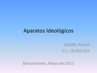 Aparatos Ideológicos

                     Castillo, Rosyst
                    C.I.: 18.423.015

Barquisimeto, Mayo del 2011
 