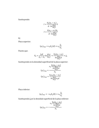 Sustituyendo:
| |
| |
b)
Placa superior:
Puesto que:
| |
| |
Sustituyendo en la densidad superficial de la placa superior:
| |
| |
Placa inferior:
Sustituyendo en la densidad superficial de la placa inferior:
| |
 