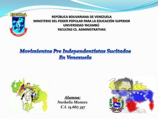 REPÚBLICA BOLIVARIANA DE VENEZUELA
MINISTERIO DEL PODER POPULAR PARA LA EDUCACIÓN SUPERIOR
                  UNIVERSIDAD YACAMBÚ
               FACULTAD CS. ADMINISTRATIVAS




                Alumna:
             Norbelis Montes
              C.I. 15.667.357
 