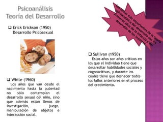  Erick Erickson (1950)
Desarrollo Psicosexual

 Sullivan (1950)

 White (1960)
Los años que van desde el
nacimiento hasta la pubertad
no
sólo
contemplan
el
desarrollo sexual del niño, sino
que además están llenos de
investigación,
juego,
manipulación de objetos e
interacción social.

Estos años son años críticos en
los que el individuo tiene que
desarrollar habilidades sociales y
cognoscitivas, y durante los
cuales tiene que deshacer todos
los fallos anteriores en el proceso
del crecimiento.

 