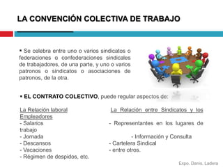 LA CONVENCIÓN COLECTIVA DE TRABAJO 
_____________ 
 Se celebra entre uno o varios sindicatos o 
federaciones o confederaciones sindicales 
de trabajadores, de una parte, y uno o varios 
patronos o sindicatos o asociaciones de 
patronos, de la otra. 
 EL CONTRATO COLECTIVO, puede regular aspectos de: 
La Relación laboral La Relación entre Sindicatos y los 
Empleadores 
- Salarios - Representantes en los lugares de 
trabajo 
- Jornada - Información y Consulta 
- Descansos - Cartelera Sindical 
- Vacaciones - entre otros. 
- Régimen de despidos, etc. 
Expo. Danis, Ladera 
 