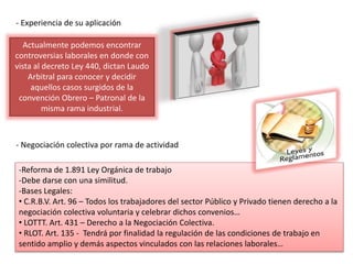- Experiencia de su aplicación 
Actualmente podemos encontrar 
controversias laborales en donde con 
vista al decreto Ley 440, dictan Laudo 
Arbitral para conocer y decidir 
aquellos casos surgidos de la 
convención Obrero – Patronal de la 
misma rama industrial. 
- Negociación colectiva por rama de actividad 
-Reforma de 1.891 Ley Orgánica de trabajo 
-Debe darse con una similitud. 
-Bases Legales: 
• C.R.B.V. Art. 96 – Todos los trabajadores del sector Público y Privado tienen derecho a la 
negociación colectiva voluntaria y celebrar dichos convenios… 
• LOTTT. Art. 431 – Derecho a la Negociación Colectiva. 
• RLOT. Art. 135 - Tendrá por finalidad la regulación de las condiciones de trabajo en 
sentido amplio y demás aspectos vinculados con las relaciones laborales… 
 