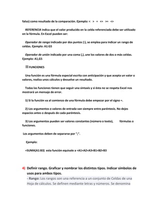 falso) como resultado de la comparación. Ejemplo: < > = <= >= <>
REFERENCIA indica que el valor producido en la celda referenciada debe ser utilizado
en la fórmula. En Excel pueden ser:
Operador de rango indicado por dos puntos (:), se emplea para indicar un rango de
celdas. Ejemplo: A1:G5
Operador de unión indicado por una coma (,), une los valores de dos o más celdas.
Ejemplo: A1,G5
FUNCIONES
Una función es una fórmula especial escrita con anticipación y que acepta un valor o
valores, realiza unos cálculos y devuelve un resultado.
Todas las funciones tienen que seguir una sintaxis y si ésta no se respeta Excel nos
mostrará un mensaje de error.
1) Si la función va al comienzo de una fórmula debe empezar por el signo =.
2) Los argumentos o valores de entrada van siempre entre paréntesis. No dejes
espacios antes o después de cada paréntesis.
3) Los argumentos pueden ser valores constantes (número o texto),
funciones.

fórmulas o

Los argumentos deben de separarse por ";".
Ejemplo:
=SUMA(A1:B3) esta función equivale a =A1+A2+A3+B1+B2+B3

4) Definir rango. Graficar y nombrar los distintos tipos. Indicar símbolos de
usos para ambos tipos.
- Rango: Los rangos son una referencia a un conjunto de Celdas de una
Hoja de cálculos. Se definen mediante letras y números. Se denomina

 