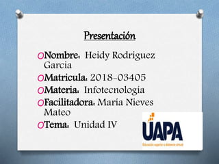 Presentación
ONombre: Heidy Rodriguez
Garcia
OMatricula: 2018-03405
OMateria: Infotecnología
OFacilitadora: María Nieves
Mateo
OTema: Unidad IV
 