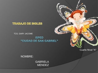 ISPED "CIUDAD DE SAN GABRIEL" TRABAJO DE INGLES  TCG. GARY JACOME Cuarto Nivel "A" NOMBRE: GABRIELA MENDEZ 