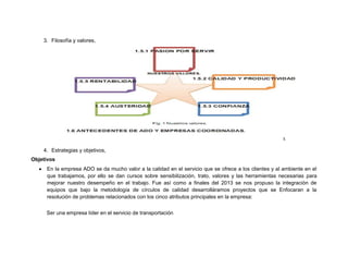 3. Filosofía y valores,

4. Estrategias y objetivos,
Objetivos
En la empresa ADO se da mucho valor a la calidad en el servicio que se ofrece a los clientes y al ambiente en el
que trabajamos, por ello se dan cursos sobre sensibilización, trato, valores y las herramientas necesarias para
mejorar nuestro desempeño en el trabajo. Fue así como a finales del 2013 se nos propuso la integración de
equipos que bajo la metodología de círculos de calidad desarrolláramos proyectos que se Enfocaran a la
resolución de problemas relacionados con los cinco atributos principales en la empresa:
Ser una empresa líder en el servicio de transportación

 