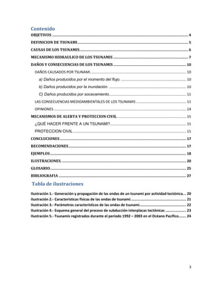Contenido
OBJETIVOS ............................................................................................................................. 4
DEFINICION DE TSUNAMI ...................................................................................................... 5
CAUSAS DE LOS TSUNAMIS.................................................................................................... 6
MECANISMO HIDRAULICO DE LOS TSUNAMIS ..................................................................... 7
DAÑOS Y CONSECUENCIAS DE LOS TSUNAMIS ................................................................... 10
   DAÑOS CAUSADOS POR TSUNAMI. ............................................................................................... 10
      a) Daños producidos por el momento del flujo. ................................................................. 10
      b) Daños producidos por la inundación. ............................................................................. 10
      C) Daños producidos por socavamiento............................................................................. 11
   LAS CONSECUENCIAS MEDIOAMBIENTALES DE LOS TSUNAMIS .................................................. 11
   OPINIONES .................................................................................................................................... 14
MECANISMOS DE ALERTA Y PROTECCION CIVIL. .................................................................... 15
   ¿QUÉ HACER FRENTE A UN TSUNAMI?............................................................................ 15
   PROTECCION CIVIL ................................................................................................................. 15
CONCLUCIONES .................................................................................................................... 17
RECOMENDACIONES ............................................................................................................ 17
EJEMPLOS ............................................................................................................................. 18
ILUSTRACIONES. .................................................................................................................. 20
GLOSARIO ............................................................................................................................. 25
BIBLIOGRAFIA ..................................................................................................................... 27

Tabla de ilustraciones
Ilustración 1.- Generación y propagación de las ondas de un tsunami por actividad tectónica. .. 20
Ilustración 2.- Características físicas de las ondas de tsunami. .................................................. 21
Ilustración 3.- Parámetros característicos de las ondas de tsunami........................................... 22
Ilustración 4.- Esquema general del proceso de subducción interplacas tectónicas ................... 23
Ilustración 5.- Tsunamis registrados durante el período 1992 – 2003 en el Océano Pacífico....... 24




                                                                                                                                                  3
 