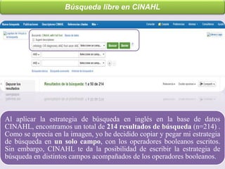 Al aplicar la estrategia de búsqueda en inglés en la base de datos
CINAHL, encontramos un total de 214 resultados de búsqueda (n=214) .
Como se aprecia en la imagen, yo he decidido copiar y pegar mi estrategia
de búsqueda en un solo campo, con los operadores booleanos escritos.
Sin embargo, CINAHL te da la posibilidad de escribir la estrategia de
búsqueda en distintos campos acompañados de los operadores booleanos.
Búsqueda libre en CINAHL
 