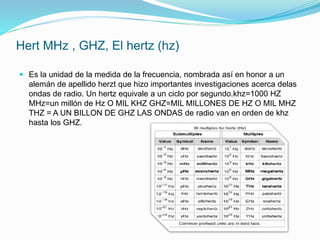 Hert MHz , GHZ, El hertz (hz)
 Es la unidad de la medida de la frecuencia, nombrada así en honor a un
alemán de apellido herzt que hizo importantes investigaciones acerca delas
ondas de radio. Un hertz equivale a un ciclo por segundo.khz=1000 HZ
MHz=un millón de Hz O MIL KHZ GHZ=MIL MILLONES DE HZ O MIL MHZ
THZ = A UN BILLON DE GHZ LAS ONDAS de radio van en orden de khz
hasta los GHZ.
 