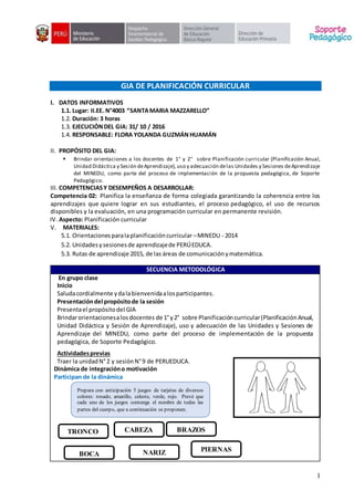 1
GIA DE PLANIFICACIÓN CURRICULAR
I. DATOS INFORMATIVOS
1.1. Lugar: II.EE. N°4003 “SANTAMARIA MAZZARELLO”
1.2. Duración: 3 horas
1.3. EJECUCIÓNDEL GIA: 31/ 10 / 2016
1.4. RESPONSABLE: FLORA YOLANDA GUZMÁN HUAMÁN
II. PROPÓSITO DEL GIA:
 Brindar orientaciones a los docentes de 1° y 2° sobre Planificación curricular (Planificación Anual,
Unidad Didáctica y Sesión deAprendizaje),uso y adecuación delas Unidades y Sesiones deAprendizaje
del MINEDU, como parte del proceso de implementación de la propuesta pedagógica, de Soporte
Pedagógico.
III. COMPETENCIASY DESEMPEÑOS A DESARROLLAR:
Competencia 02: Planifica la enseñanza de forma colegiada garantizando la coherencia entre los
aprendizajes que quiere lograr en sus estudiantes, el proceso pedagógico, el uso de recursos
disponibles y la evaluación, en una programación curricular en permanente revisión.
IV. Aspecto: Planificación curricular
V. MATERIALES:
5.1. Orientacionesparalaplanificacióncurricular –MINEDU - 2014
5.2. Unidadesysesionesde aprendizajede PERÚEDUCA.
5.3. Rutas de aprendizaje 2015, de las áreas de comunicaciónymatemática.
SECUENCIA METODOLÓGICA
En grupo clase
Inicio
Saludacordialmente ydalabienvenidaalosparticipantes.
Presentacióndel propósitode la sesión
Presentael propósitodel GIA
Brindarorientacionesalosdocentes de 1°y2° sobre Planificacióncurricular(PlanificaciónAnual,
Unidad Didáctica y Sesión de Aprendizaje), uso y adecuación de las Unidades y Sesiones de
Aprendizaje del MINEDU, como parte del proceso de implementación de la propuesta
pedagógica, de Soporte Pedagógico.
Actividadesprevias
Traer la unidadN°2 y sesiónN°9 de PERUEDUCA.
Dinámica de integracióno motivación
Participan de la dinámica

 Prepara con anticipación 5 juegos de tarjetas de diversos
colores: rosado, amarillo, celeste, verde, rojo. Prevé que
cada uno de los juegos contenga el nombre de todas las
partes del cuerpo, que a continuación se proponen.
TRONCO CABEZA BRAZOS
PIERNAS
BOCA NARIZ
 