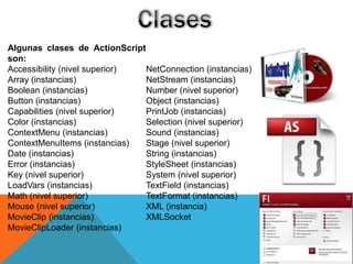 Algunas clases de ActionScript
son:
Accessibility (nivel superior) NetConnection (instancias)
Array (instancias)             NetStream (instancias)
Boolean (instancias)           Number (nivel superior)
Button (instancias)            Object (instancias)
Capabilities (nivel superior)  PrintJob (instancias)
Color (instancias)             Selection (nivel superior)
ContextMenu (instancias)       Sound (instancias)
ContextMenuItems (instancias)  Stage (nivel superior)
Date (instancias)              String (instancias)
Error (instancias)             StyleSheet (instancias)
Key (nivel superior)           System (nivel superior)
LoadVars (instancias)          TextField (instancias)
Math (nivel superior)          TextFormat (instancias)
Mouse (nivel superior)         XML (instancia)
MovieClip (instancias)         XMLSocket
MovieClipLoader (instancias)
 