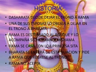 HISTORIA
• DASHARATA DECIDE DEJAR EL TRONO A RAMA
• UNA DE SUS ESPOSAS LO OBLIGA A DEJAR EN
EL TRONO A BHARATA
• RAMA ES DESTERRADO AL BOSQUE Y LO
ACOMPAÑA SU HERMANOLAKSHAMA
• RAMA SE CASA CON LOA PRINCESA SITA
• BHARATA SE ENTERA DE ESTA SIUACION Y PIDE
A RAMA QUE REGRESE AL TRONO
• RAMA NO ACEPTA

 