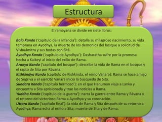 Estructura
El ramayana se divide en siete libros:
Bala Kanda (‘capítulo de la infancia’): detalla su milagroso nacimiento, su vida
temprana en Ayodhya, la muerte de los demonios del bosque a solicitud de
Vishuámitra y sus bodas con Sītā.
Ayodhya Kanda (‘capítulo de Ayodhya’): Dasharatha sufre por la promesa
hecha a Kaikeyi al inicio del exilio de Rama.
Aranya Kanda (‘capítulo del bosque’): describe la vida de Rama en el bosque y
el rapto de Sita por Rávana.
Kishkindya Kanda (capítulo de Kishkinda, el reino Vanara): Rama se hace amigo
de Sugriva y el ejército Vanara inicia la búsqueda de Sita.
Sundara Kanda (‘capítulo hermoso’): en el que Hanuman viaja a Lanka y
encuentra a Sita aprisionada y trae las noticias a Rama.
Yuddha Kanda (‘capítulo de la guerra’): narra la guerra entre Rama y Rávana y
el retorno del victorioso Rama a Ayodhya y su coronación.
Uttara Kanda (‘capítulo final’): la vida de Rama y Sita después de su retorno a
Ayodhya; Rama echa al exilio a Sita; muerte de Sita y de Rama.

 