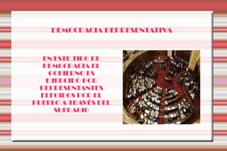 DEMOCRACIA REPRESENTATIVA


   EN ESTE TIPO DE
   DEMOCRACIA EL
     GOBIERNO ES
    EJERCIDO POR
  REPRESENTANTES
  ELEGIDOS POR EL
PUEBLO A TRAVÉS DEL
      SUFRAGIO
 