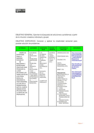 OBJETIVO GENERAL: Ejercitar la búsqueda de soluciones a problemas a partir
de la intuición creadora individual y grupal.
OBJETIVO ESPECIFICO: Conocer y aplicar la creatividad sensorial para
posible solución de problemas.
ACTIVIDAD ACCIONES RESPONSA
BLES
FECHAS Y
TIEMPOS
CRITERIOS A
EVALUAR
RECURSOS
DISEÑO DE
ESTRATEGIA
PARA LA
EMPRESA
PAPAGAYO:
SE
REALIZARAN 3
ESTRATEGIAS
CREATIVAS PARA
PROMOVER EL
LUGAR.
APLICANDO LOS
TEMAS VISTOS EN
LOS OTROS
MODULOS,
ANEXANDO EL
TEMA SENSORIAL
LA CUAL EN LA
PRESENTACION
ANTE EL CLIENTE
DEBERA ESTAR
APLICADA PARA
LA VENTA DE LAS
PROPUESTAS
POR MEDIO
DE LA
DETECCION
DE
PROBLEMAS
IDENTIFICAR
EL
PROBLEMA
QUE
PRESENTA
ESTA
INSTITUCIÓN
Y SUS
POSIBLES
SOLUCIONES
Y UNA VENTA
ESTRATEGICA
APLICANDO
LA
CREATIVIDAD
SENSORIAL.
LOS
ALUMNOS
DE 2DO.
SEMESTRE
DE LA
CARRERA
DE
MERCADOT
ECNIA
INTERNACIO
NAL.
DOCENTE
DE LA
MATERIA
PARA SU
ASESORIA.
CLEINTE DE
PAPAGAYO
ENTREGA
DE EL
JUEGO
INTERACT
IVO EL 15
JUNIO
2013
ORIGINALIDAD 30%
CREATIVIDAD 30%
CALIDAD 10%
VENTA
(CREATIVIDAD
SENSORIAL) 20%
BRIEF 10%
REQUISITOS:
A) ENTREGA DE LA
PROPUESTA
CREATIVA
DETECTANDO EL
PROBLE A Y SU
SOLUCIÓN
JUSTIFICACIÓN
IMPRESA: 1.-
INTRODUCCION
2.- FODA
3.- BOCETOS
B) PRESENTACIÓN
DIGITAL
C) CREATIVIDAD
SENSORIAL EN EL
TRANSCURSO DE
LA
PRESENTACION
D) ENTREGA DE
BRIEF IMPRESO.
http://www.lausin
a.com.ar/apuntes
PDF/pensamiento
_creativo/08%20
Mecanismos
%20creativos.pdf
http://foroalfa.org
/articulos/psicolo
gia-del-acto-
creativo
http://disenografi
coup.blogdiario.c
om/img/IMAGEN-
CORPORATIVA-
III.pdf
Página 7
 