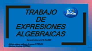 TRABAJO
DE
EXPRESIONES
ALGEBRAICAS
Barquisimeto enero 10 del 2023
Moisés calazan gallardo Jiménez 29.762.266
Aleximar Jiménez 28376984
 