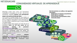 WhatsApp puede servir como una herramienta
motivadora e innovadora en el día a día de los
estudiantes. Pudiendo generar una participación
mayor a la usual en el aula de clases.
Por lo tanto, la utilidad puede ser muy amplia, ya
que ofrece, además de mensajes escritos, mensajería
de voz, imágenes, fotografías e incluso llamadas por
ip a otro celular o dispositivo que lo tenga instalado
y se desea hablar.
La idea es utilizar estos grupos con el fin de que el
estudiante tome un rol más activo en su
aprendizaje, además de promover
del conocimiento entre ellos.
Que puedan compartir material adicional, buscando
información actualizada sobre los temas de
estudios, no solo en documentos, si no en vídeos,
noticias y hasta en memes.
Y de esta manera estamos
evaluando competencias como la de búsqueda y
selección de la información, que por experiencia
sabemos lo difícil de motivarlos hacia
la investigación en la web.
.
Este herramienta no conlleva a las siguiente
estrategias:
• Diagnosticar el nivel de conocimiento
• Desarrollar la actividad
• Promoviendo el pensamiento critico
• Aclarando dudas
 