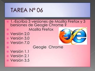    1.-Escriba 3 versiones de Mozilla Firefox y 3
    bersiones de Geogle Chrome ?
              Mozilla Firefox
   Versión 2.0
   Versión 3.0
   Versión 7.0
                 Geogle Chrome
   Versión 1.1
   Versión 2.1
   Versión 3.5
 