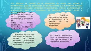 a. Fortalecer los
estándares de calidad y
los procesos de
acreditación y evaluación
en
todos los niveles
educativos, que
respondan a los objetivos
del Buen Vivir
b. Establecer
mecanismos de apoyo
y seguimiento a la
gestión de las
instituciones
educativas
c. Armonizar los procesos
educativos en cuanto a
perfiles de salida,
destrezas, habilidades,
competencias y logros de
aprendizaje.
d. Generar mecanismos
para la erradicación de
todo tipo de violencia en
los centros educativos.
 