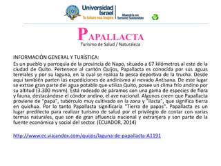 Turismo de Salud / Naturaleza
INFORMACIÓN GENERAL Y TURÍSTICA:
Es un pueblo y parroquia de la provincia de Napo, situado a 67 kilómetros al este de la
ciudad de Quito. Pertenece al cantón Quijos, Papallacta es conocida por sus aguas
termales y por su laguna, en la cual se realiza la pesca deportiva de la trucha. Desde
aquí también parten las expediciones de andinismo al nevado Antisana. De este lugar
se extrae gran parte del agua potable que utiliza Quito, posee un clima frío andino por
su altitud (3.300 msnm). Está rodeado de páramos con una gama de especies de flora
y fauna, destacándose el cóndor andino, el ave nacional. Algunos creen que Papallacta
proviene de "papa", tubérculo muy cultivado en la zona y "llacta", que significa tierra
en quichua. Por lo tanto Papallacta significaría "Tierra de papas". Papallacta es un
lugar predilecto para realizar turismo de salud por el privilegio de contar con varias
termas naturales, que son de gran afluencia nacional y extranjera y son parte de la
fuente económica y social del sector. (ECUADOR, 2014)
http://www.ec.viajandox.com/quijos/laguna-de-papallacta-A1191
PAPALLACTA
 