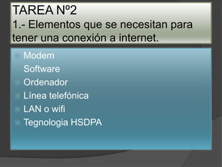TAREA Nº2
1.- Elementos que se necesitan para
tener una conexión a internet.
 Modem
 Software
 Ordenador
 Línea telefónica
 LAN o wifi
 Tegnologia HSDPA
 