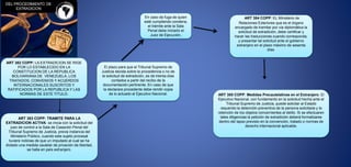 ART 383 COPP: TRAMITE PARA LA
EXTRADICION ACTIVA: se inicia con la solicitud del
juez de control a la Sala de Casación Penal del
Tribunal Supremo de Justicia, previa instancia del
Ministerio Público, cuando este sujeto procesal
tuviere noticias de que un imputado al cual se ha
dictado una medida cautelar de privación de libertad,
se halla en país extranjero.
El plazo para que el Tribunal Supremo de
Justicia decida sobre la procedencia o no de
la solicitud de extradición, es de treinta días
contados a partir del recibo de la
documentación pertinente. En caso de que
la declarare procedente debe remitir copia
de lo actuado al Ejecutivo Nacional.
En caso de fuga de quien
esté cumpliendo condena,
el trámite ante la Sala
Penal debe iniciarlo el
Juez de Ejecución,
ART 384 COPP: EL Ministerio de
Relaciones Exteriores que es el órgano
encargado de tramitar por vía diplomática la
solicitud de extradición, debe certificar y
hacer las traducciones cuando corresponda,
y presentar tal solicitud ante el gobierno
extranjero en el plazo máximo de sesenta
días.
ART 382 COPP: LA EXTRADICION SE RIGE
POR LO ESTABLECIDO EN LA
CONSTITUCION DE LA REPUBLICA
BOLIVARIANA DE VENEZUELA, LOS
TRATADOS, CONVENIOS Y ACUERDOS
INTERNACIONALES SUSCRITOS Y
RATIFICADOS POR LA REPUBLICA Y LAS
NORMAS DE ESTE TITULO. ART 385 COPP: Medidas Precautelativas en el Extranjero: El
Ejecutivo Nacional, con fundamento en la solicitud hecha ante el
Tribunal Supremo de Justicia, puede solicitar al Estado
requerido la detención preventiva de la persona solicitada y la
retención de los objetos concernientes al delito. Si se efectuaren
tales diligencias la petición de extradición deberá formalizarse
dentro del lapso previsto en la convención, tratado o normas de
derecho internacional aplicable.
 