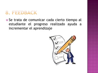 Setrata de comunicar cada cierto tiempo al
 estudiante el progreso realizado ayuda a
 incrementar el aprendizaje
 