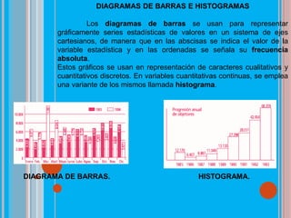 DIAGRAMAS DE BARRAS E HISTOGRAMAS
Los diagramas de barras se usan para representar
gráficamente series estadísticas de valores en un sistema de ejes
cartesianos, de manera que en las abscisas se indica el valor de la
variable estadística y en las ordenadas se señala su frecuencia
absoluta.
Estos gráficos se usan en representación de caracteres cualitativos y
cuantitativos discretos. En variables cuantitativas continuas, se emplea
una variante de los mismos llamada histograma.
DIAGRAMA DE BARRAS. HISTOGRAMA.
 