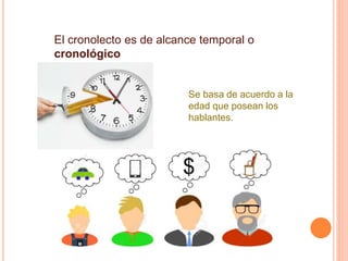 El cronolecto es de alcance temporal o
cronológico
Se basa de acuerdo a la
edad que posean los
hablantes.
 