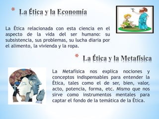 * 
La Ética relacionada con esta ciencia en el 
aspecto de la vida del ser humano: su 
subsistencia, sus problemas, su lucha diaria por 
el alimento, la vivienda y la ropa. 
* 
La Metafísica nos explica nociones y 
conceptos indispensables para entender la 
Ética, tales como el de ser, bien, valor, 
acto, potencia, forma, etc. Mismo que nos 
sirve como instrumentos mentales para 
captar el fondo de la temática de la Ética. 
 
