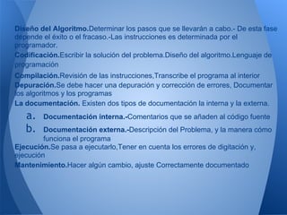 Diseño del Algoritmo.Determinar los pasos que se llevarán a cabo.- De esta fase
depende el éxito o el fracaso.-Las instrucciones es determinada por el
programador.
Codificación.Escribir la solución del problema.Diseño del algoritmo.Lenguaje de
programación
Compilación.Revisión de las instrucciones,Transcribe el programa al interior
Depuración.Se debe hacer una depuración y corrección de errores, Documentar
los algoritmos y los programas
La documentación. Existen dos tipos de documentación la interna y la externa.
    a.   Documentación interna.-Comentarios que se añaden al código fuente
    b.   Documentación externa.-Descripción del Problema, y la manera cómo
         funciona el programa
Ejecución.Se pasa a ejecutarlo,Tener en cuenta los errores de digitación y,
ejecución
Mantenimiento.Hacer algún cambio, ajuste Correctamente documentado

 
 